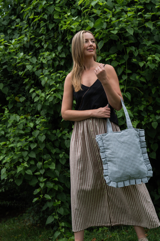 Sage Gingham Ruffled Tote