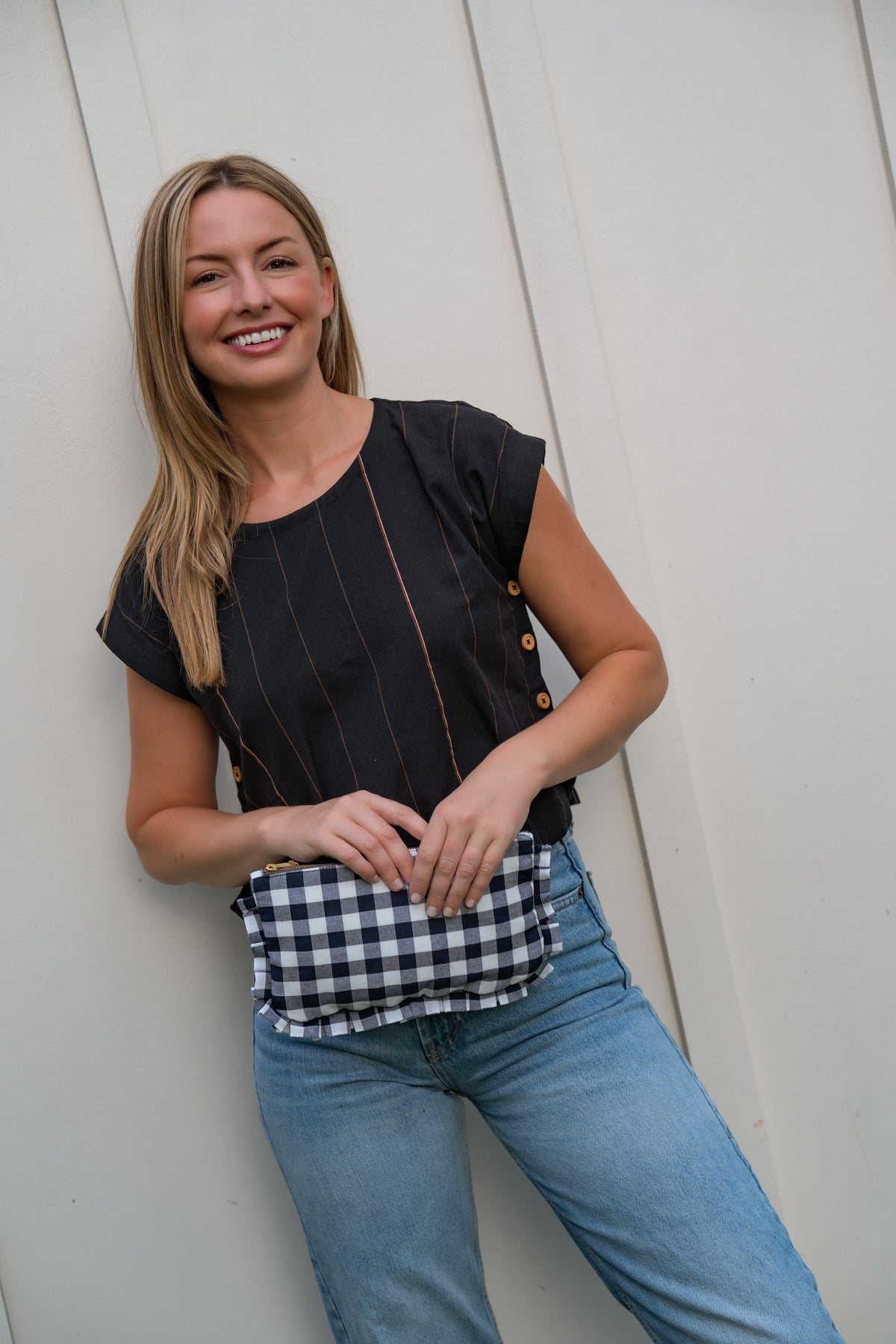Navy Ruffled Gingham Clutch