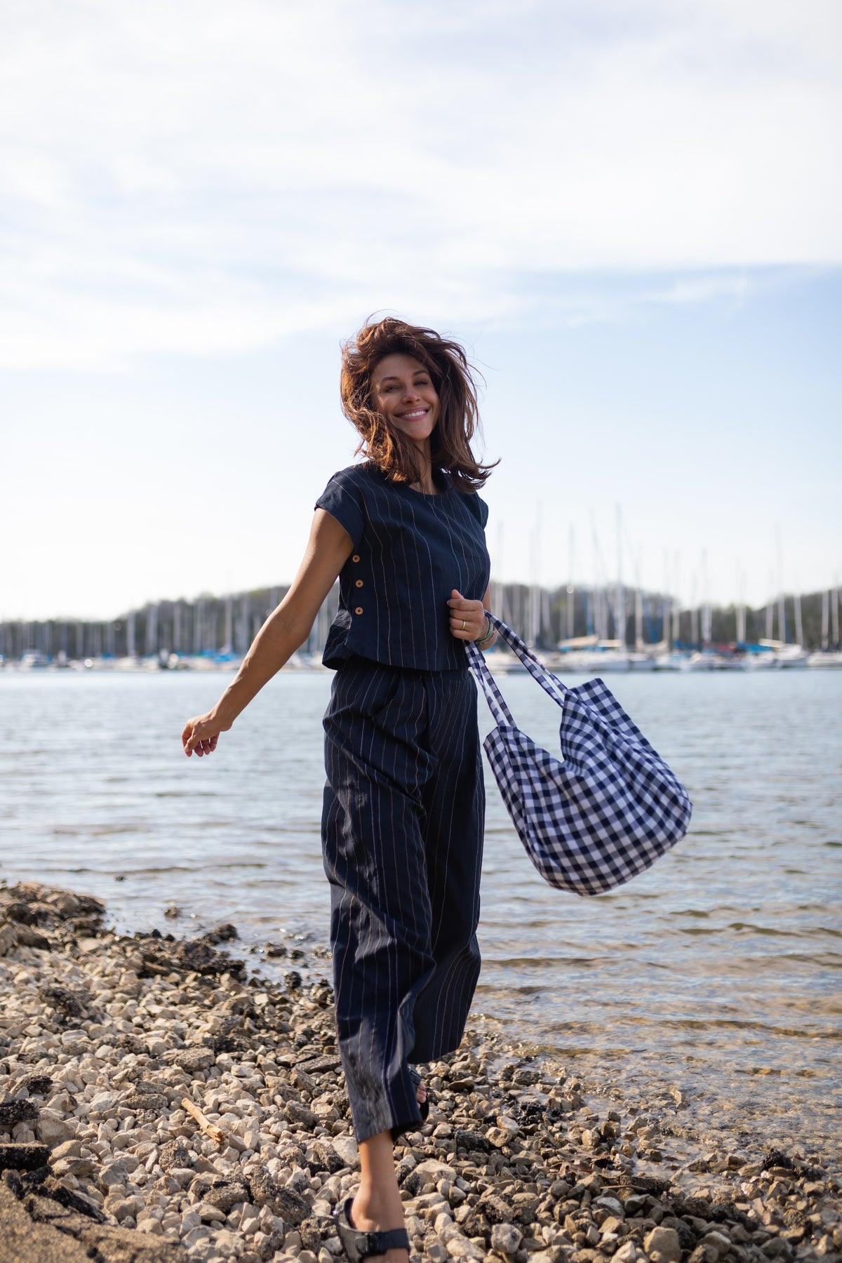Navy Gingham Easy Tote