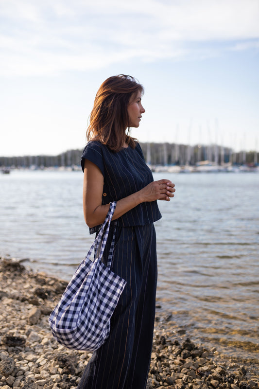 Navy Gingham Easy Tote