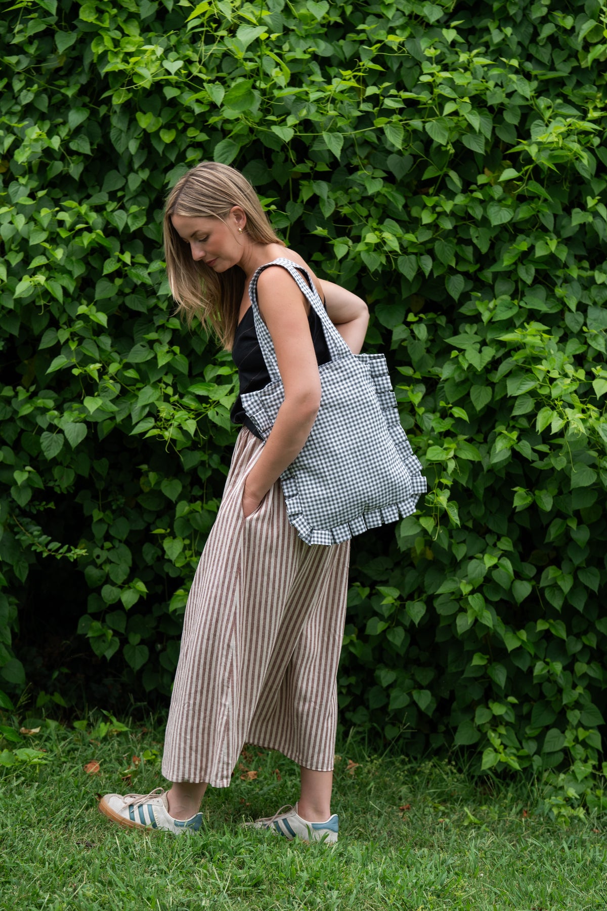 Sage Gingham Ruffled Tote