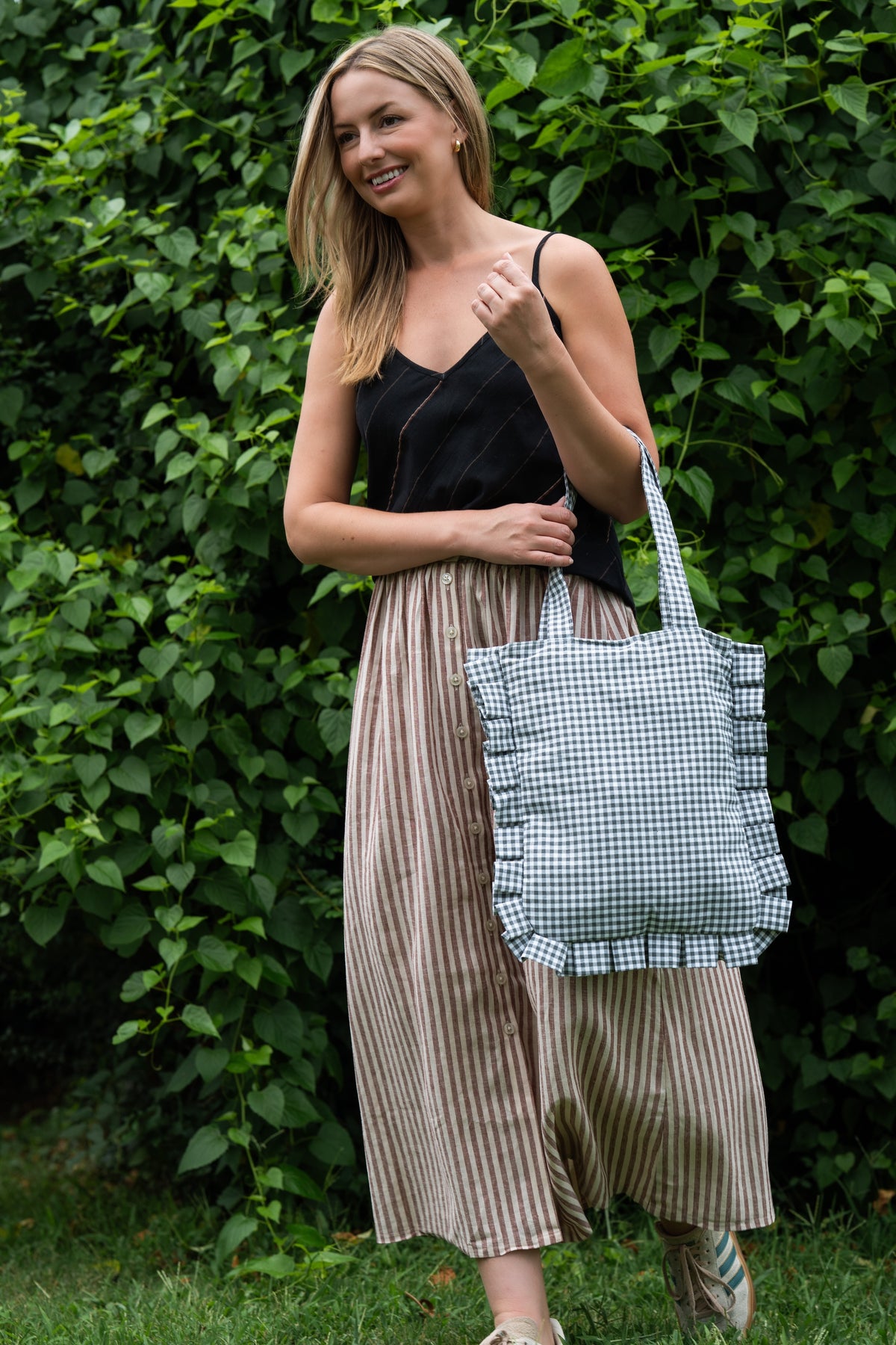 Sage Gingham Ruffled Tote