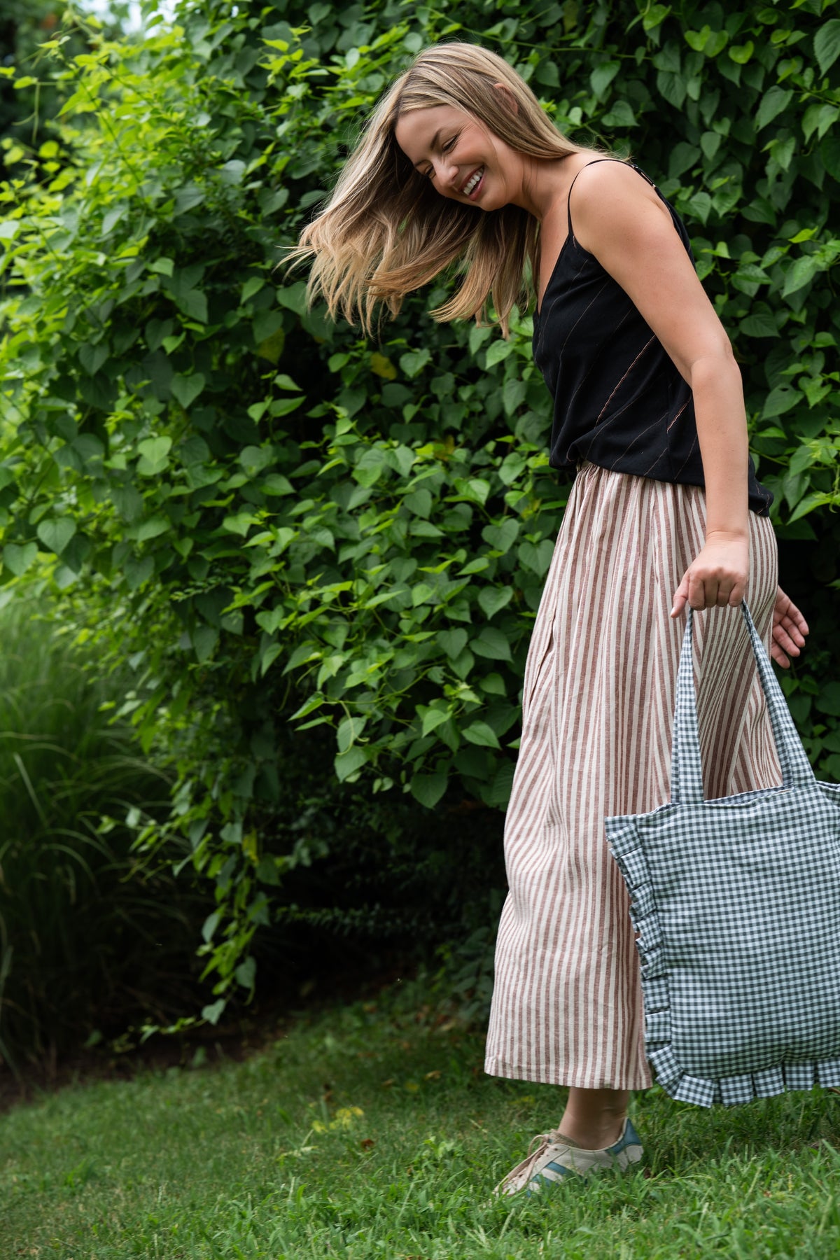 Sage Gingham Ruffled Tote