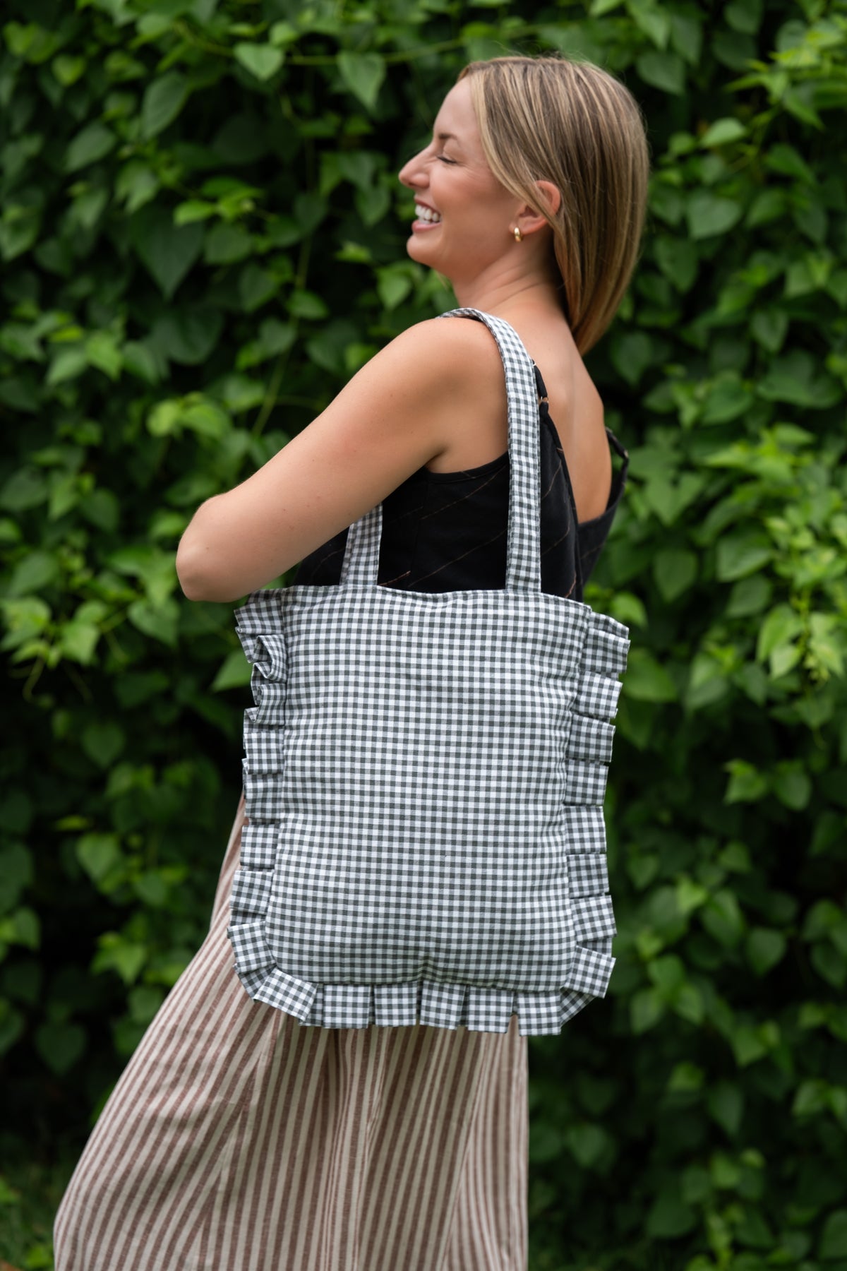 Sage Gingham Ruffled Tote