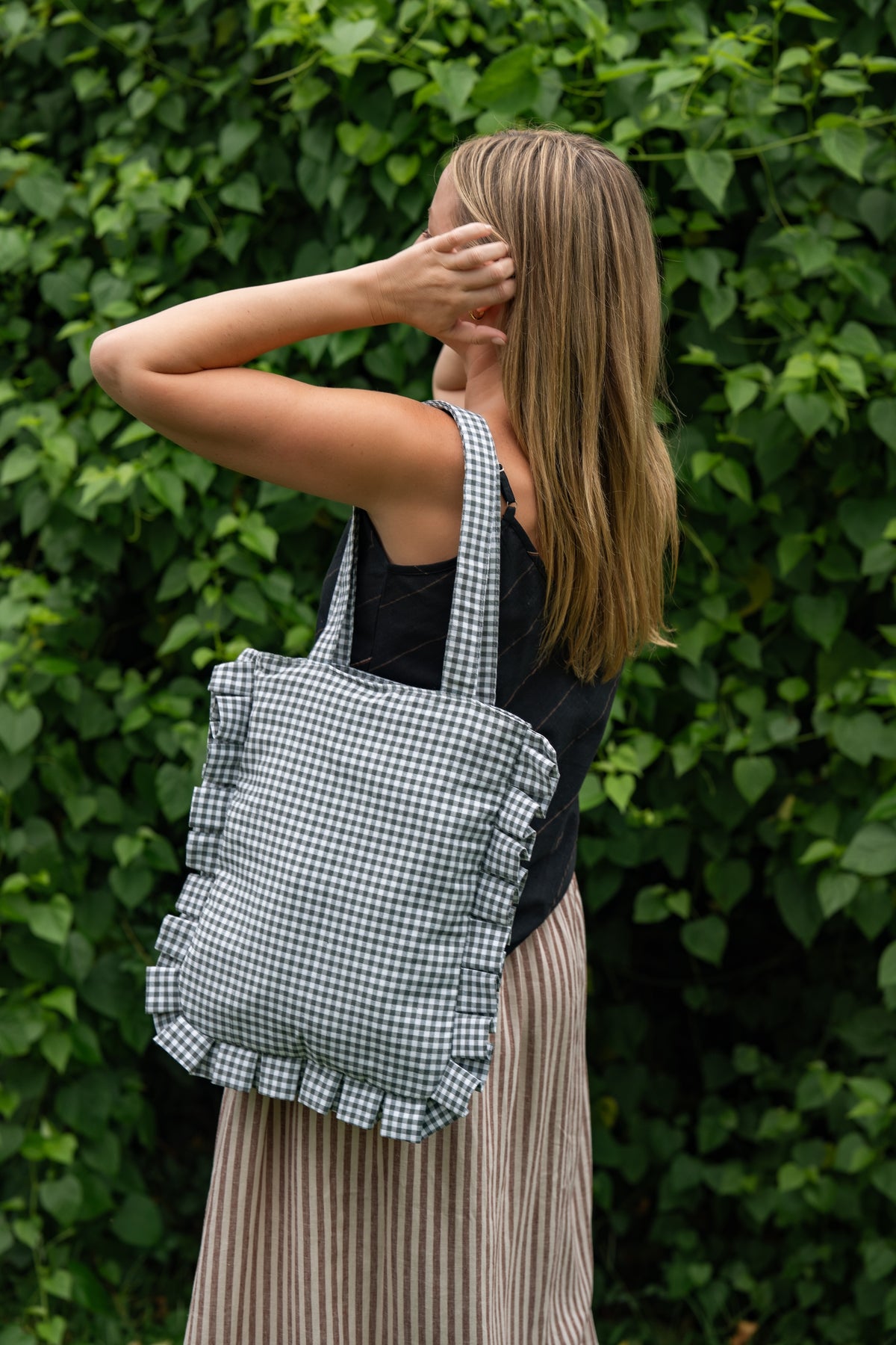 Sage Gingham Ruffled Tote