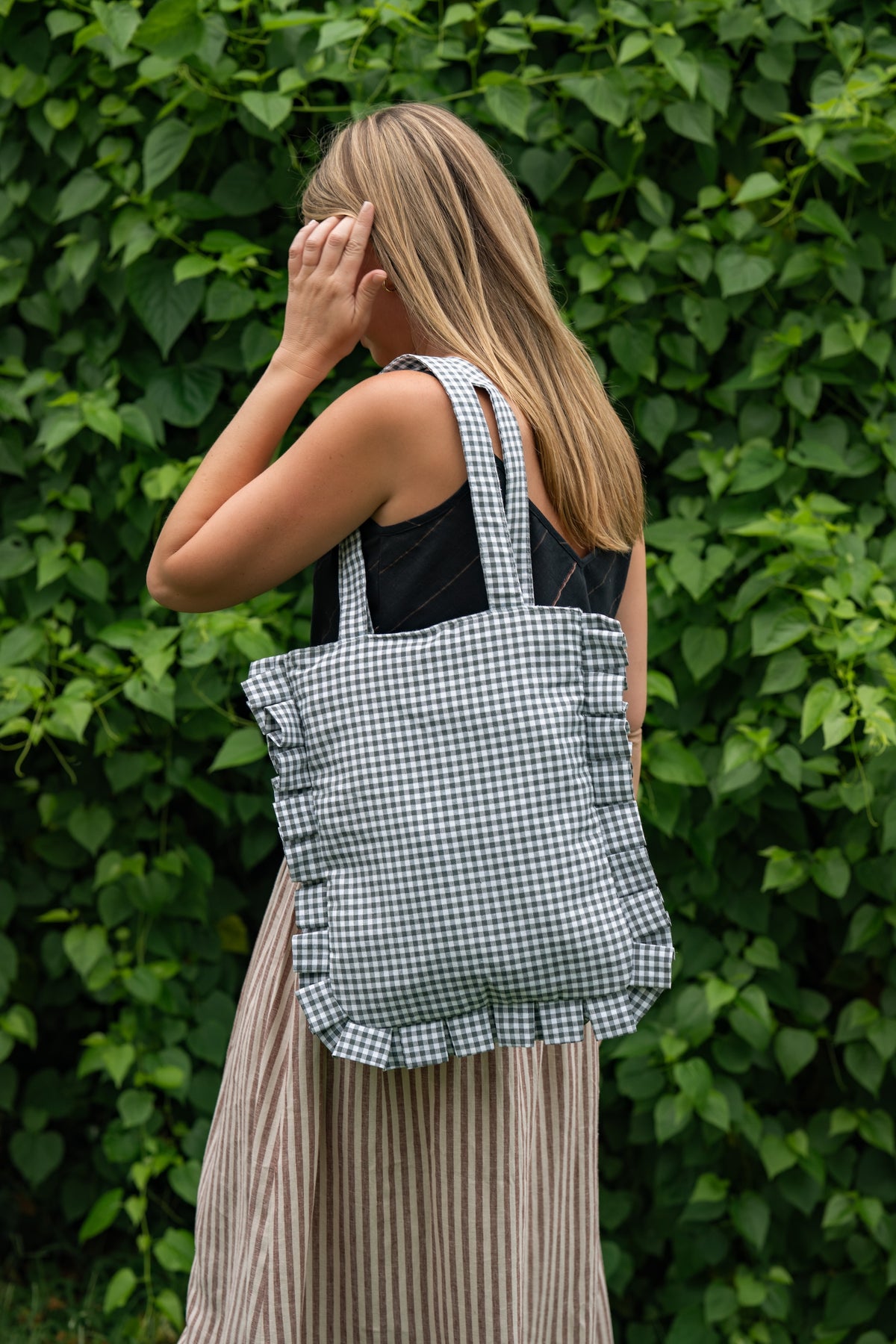 Sage Gingham Ruffled Tote