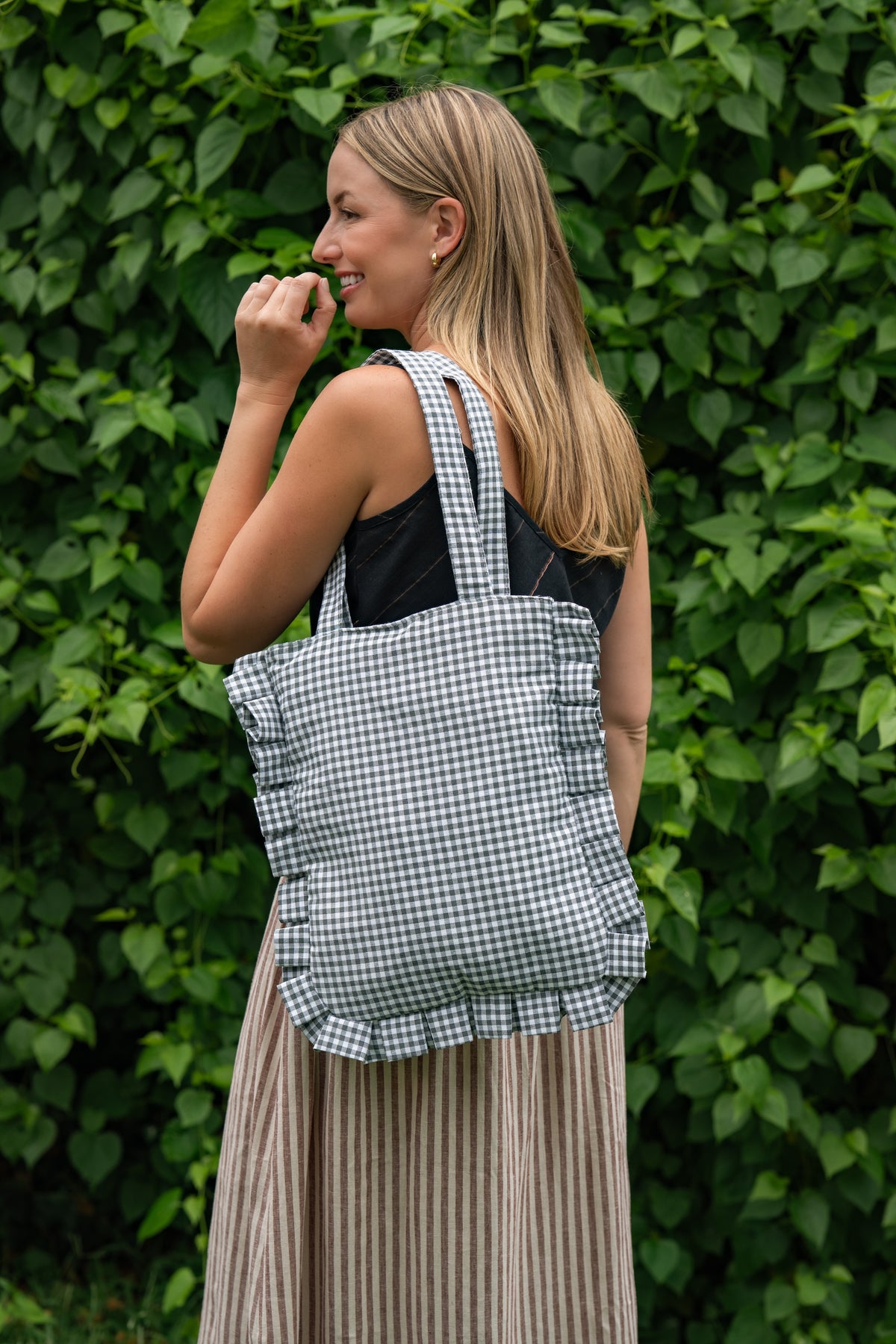 Sage Gingham Ruffled Tote