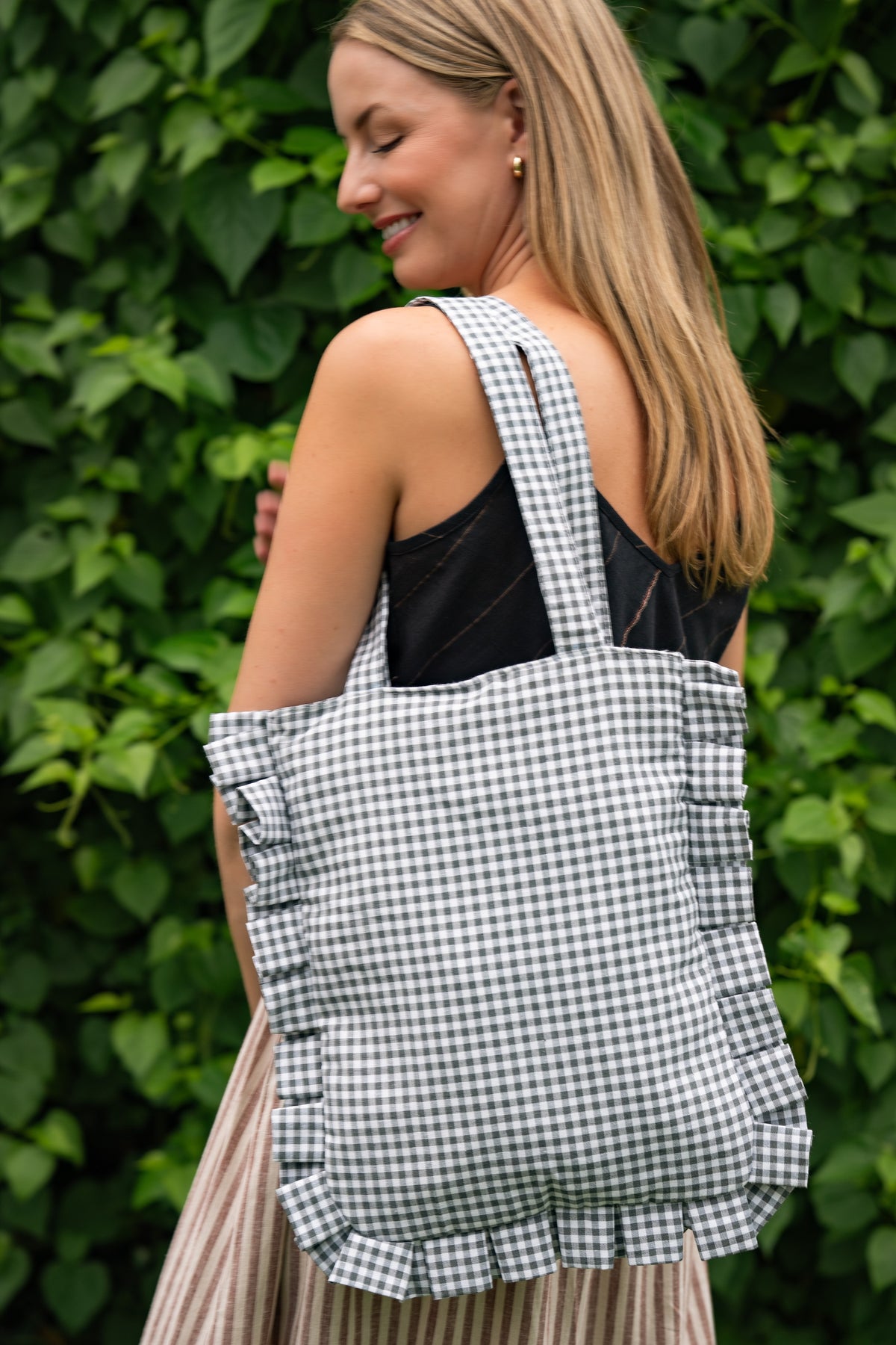 Sage Gingham Ruffled Tote