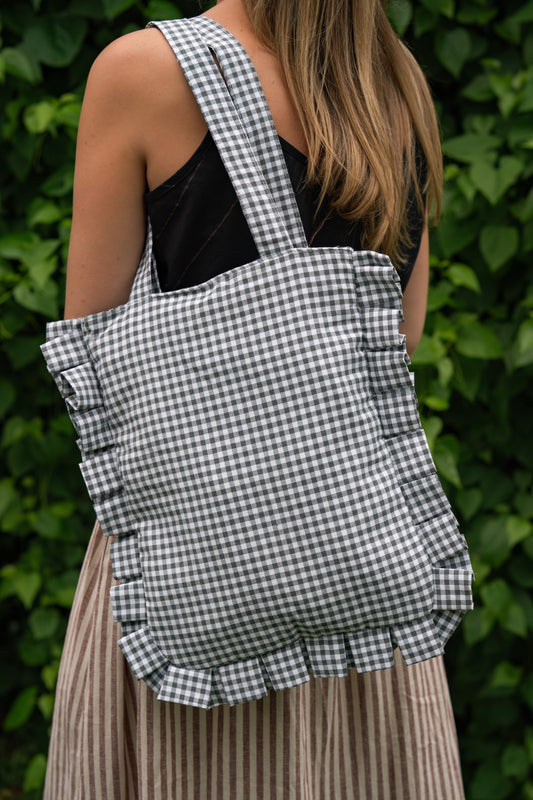 Sage Gingham Ruffled Tote