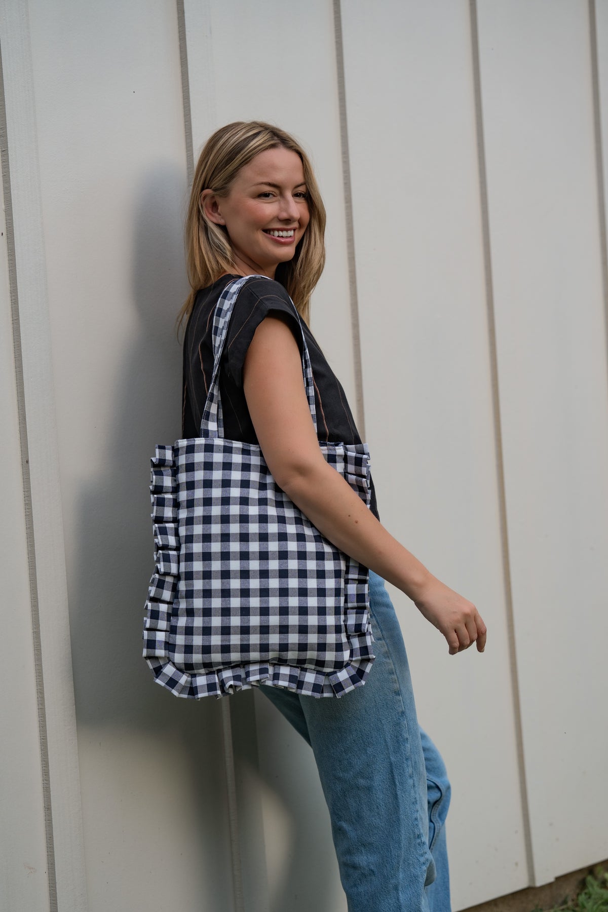 Navy Gingham Ruffled Tote