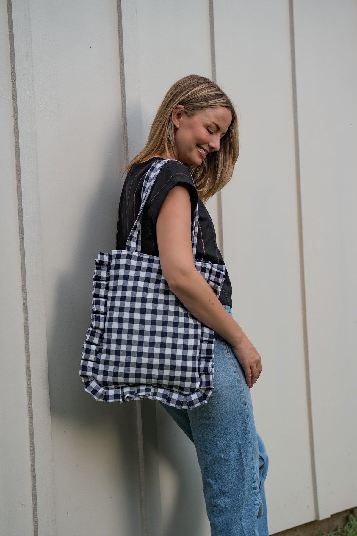 Navy Gingham Ruffled Tote