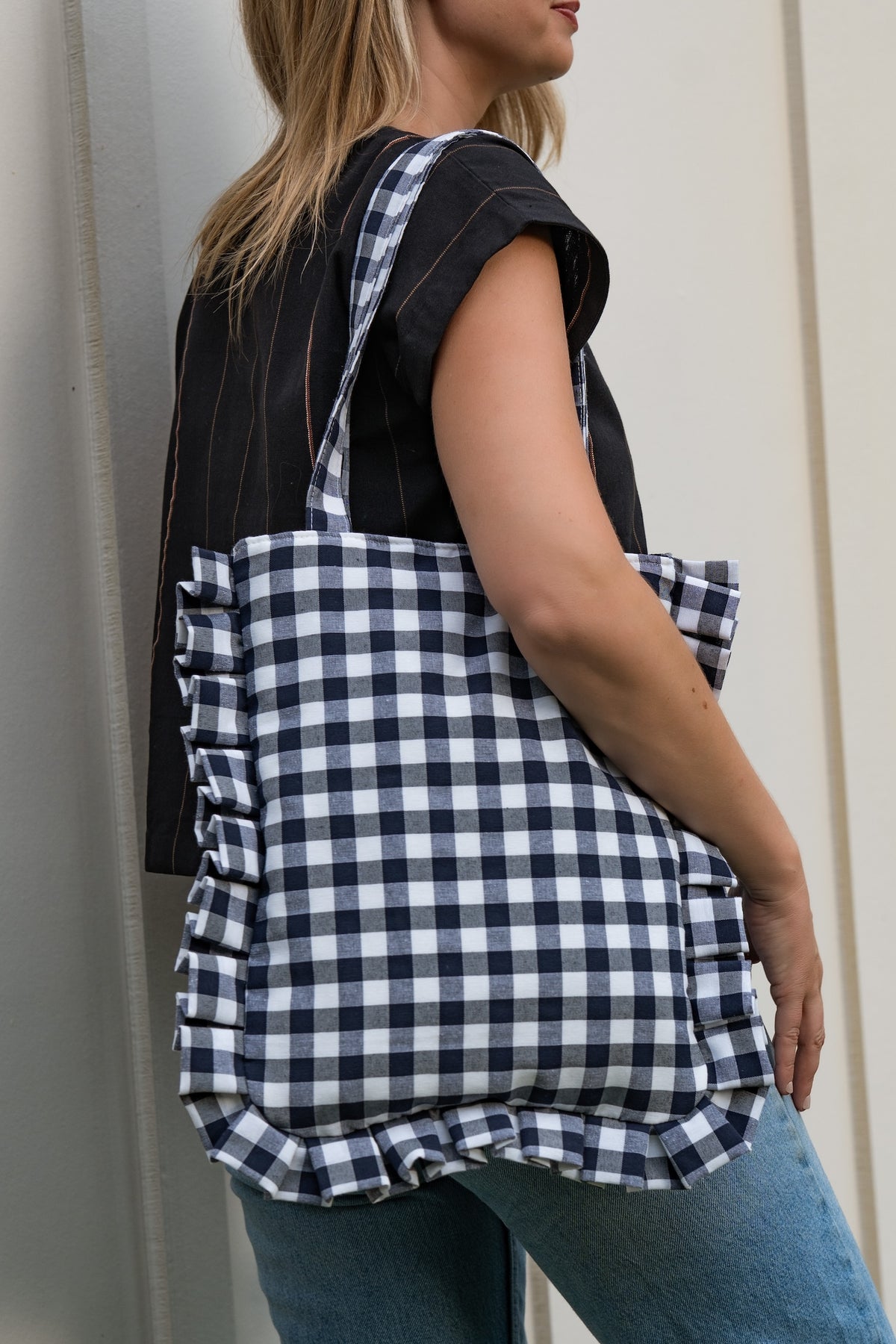 Navy Gingham Ruffled Tote