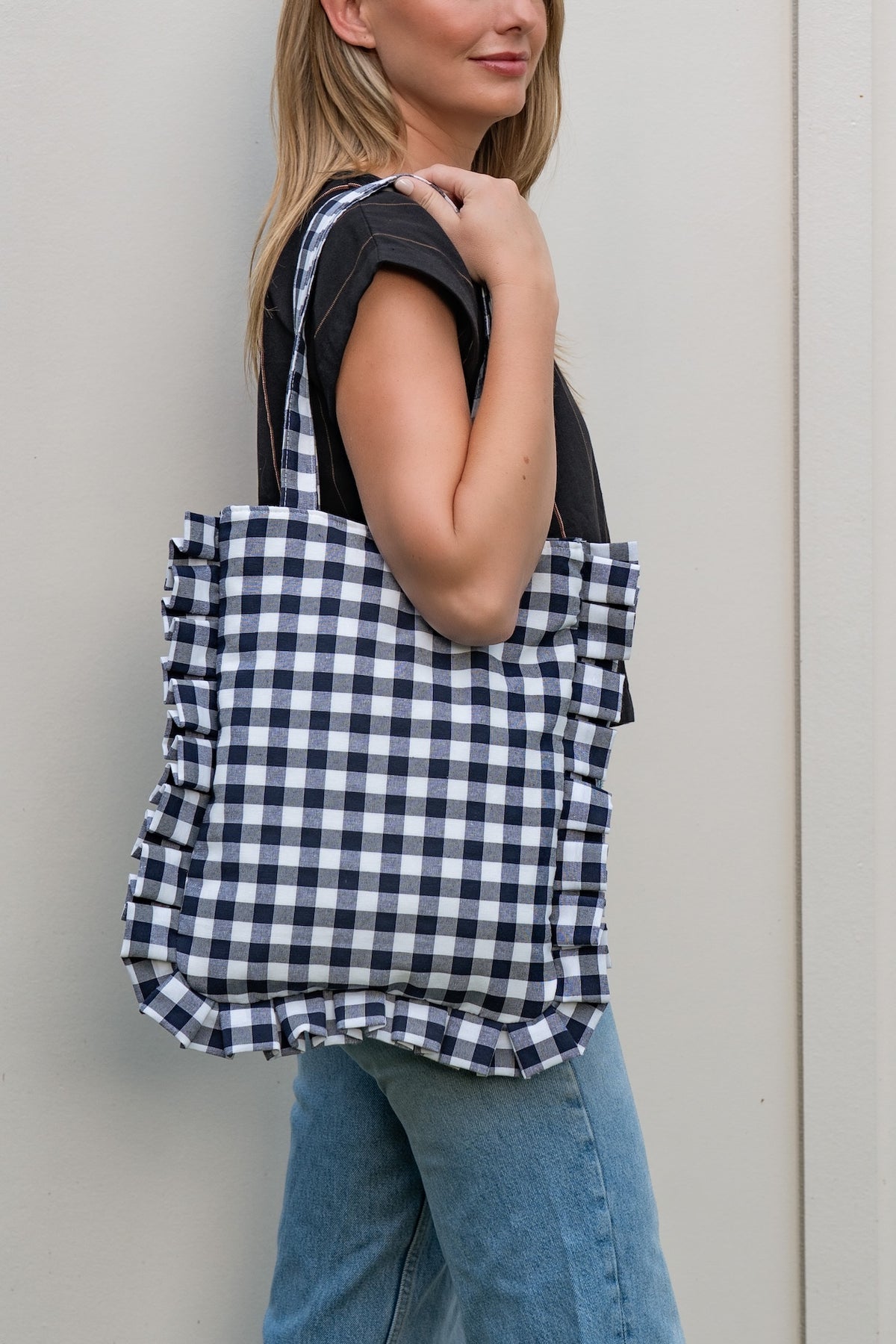 Navy Gingham Ruffled Tote