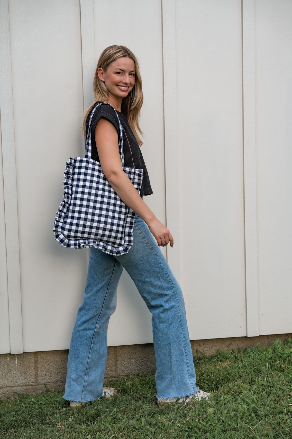 Navy Gingham Ruffled Tote