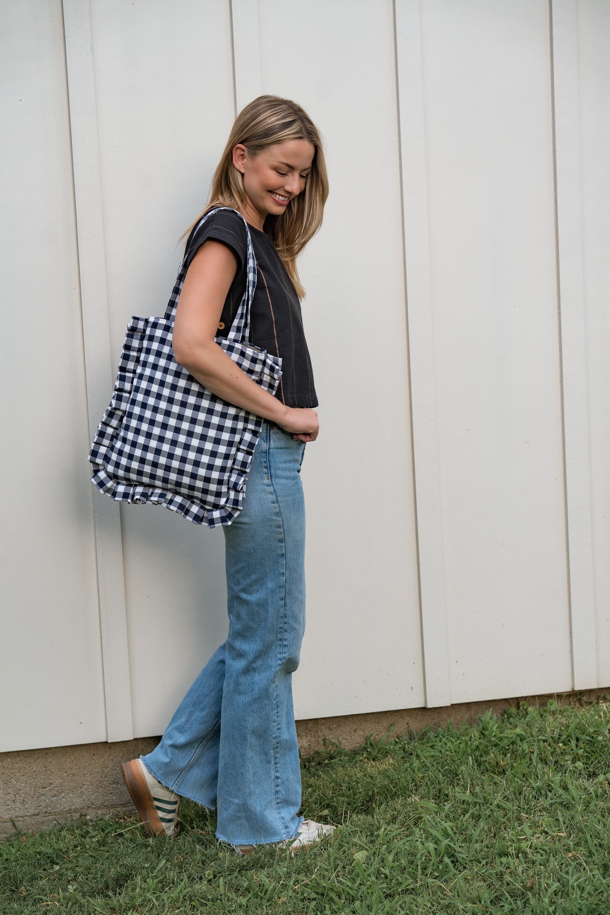Navy Gingham Ruffled Tote