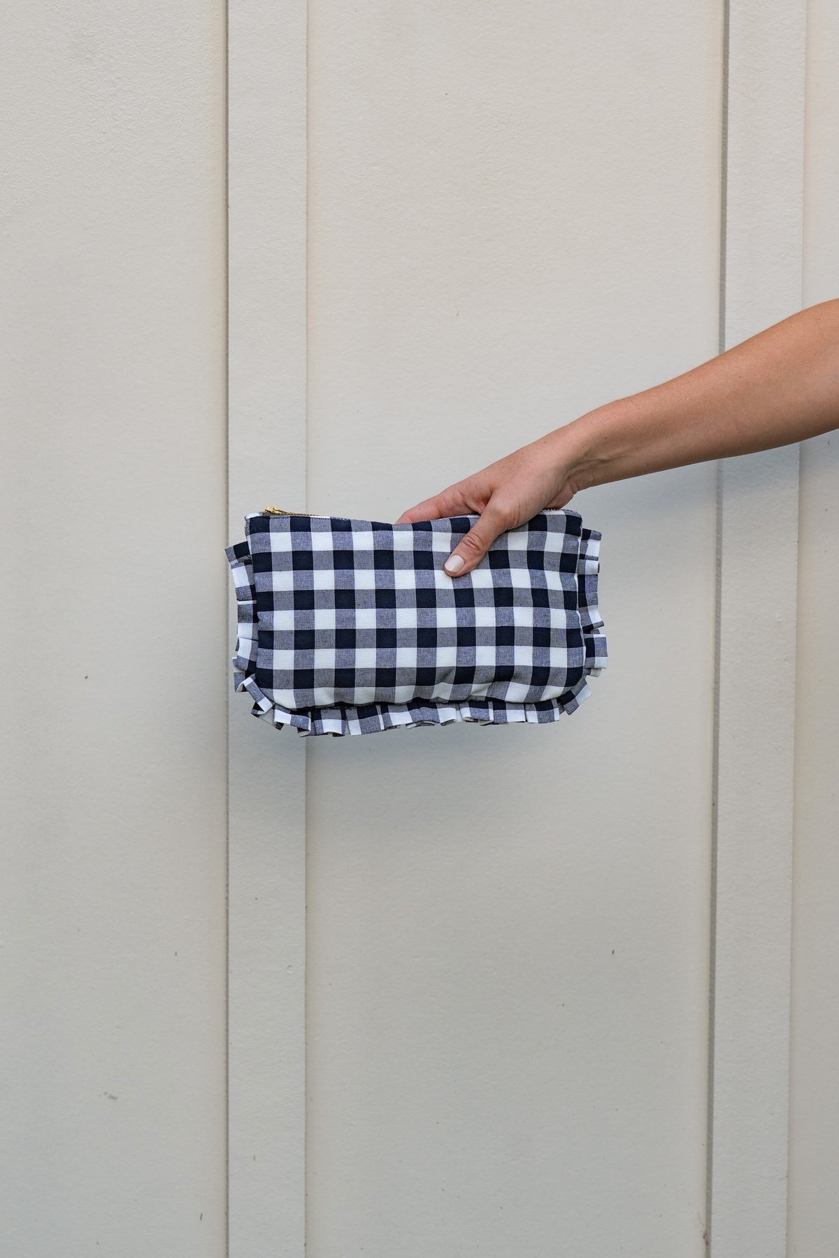 Navy Ruffled Gingham Clutch