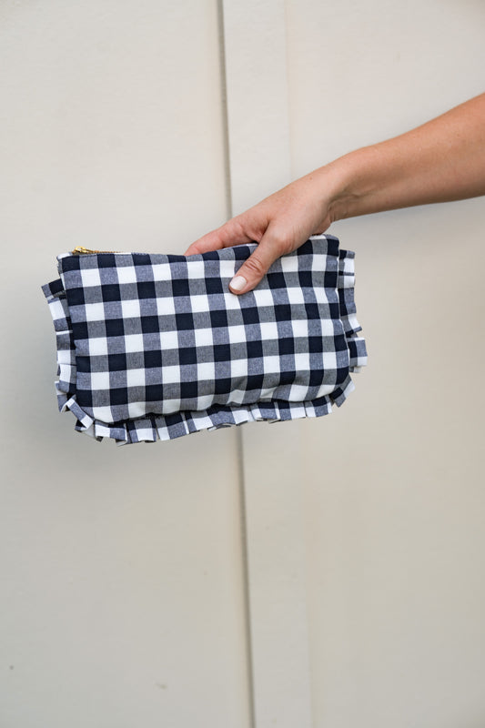 Navy Ruffled Gingham Clutch