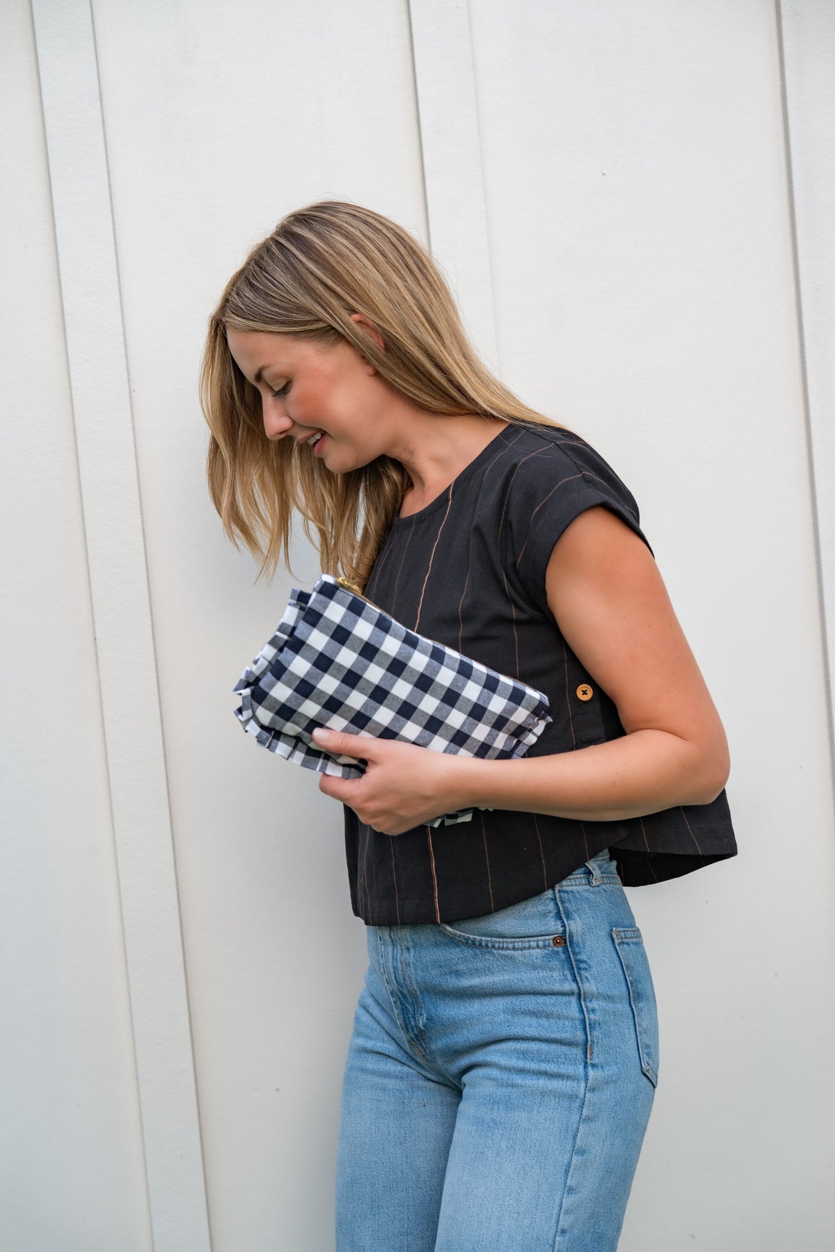 Navy Ruffled Gingham Clutch
