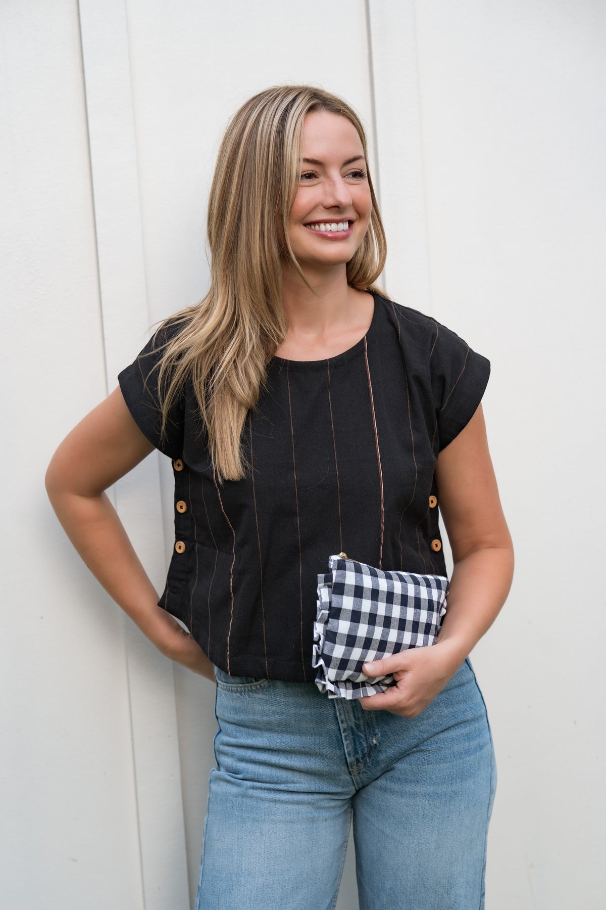 Navy Ruffled Gingham Clutch
