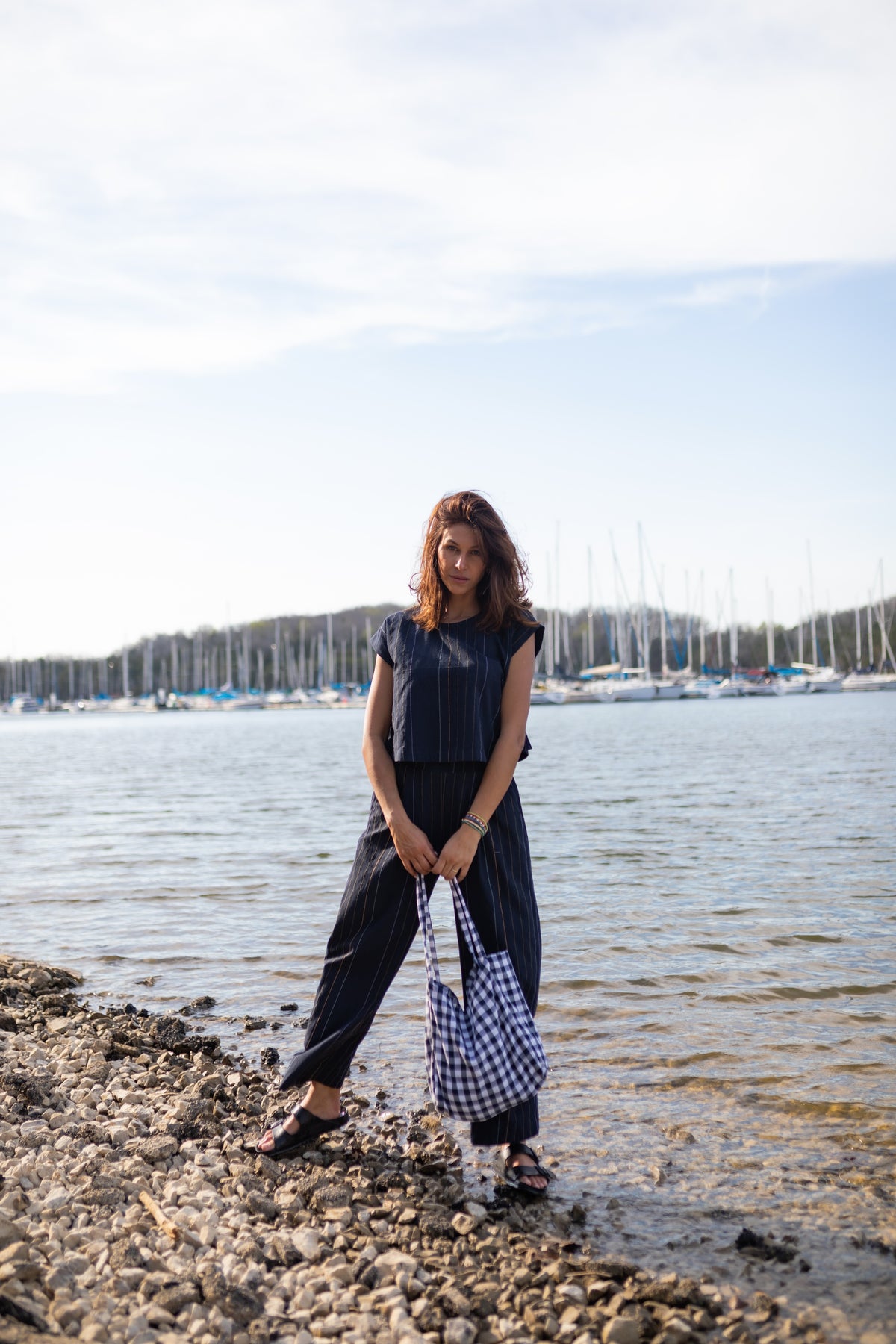 Navy Gingham Easy Tote