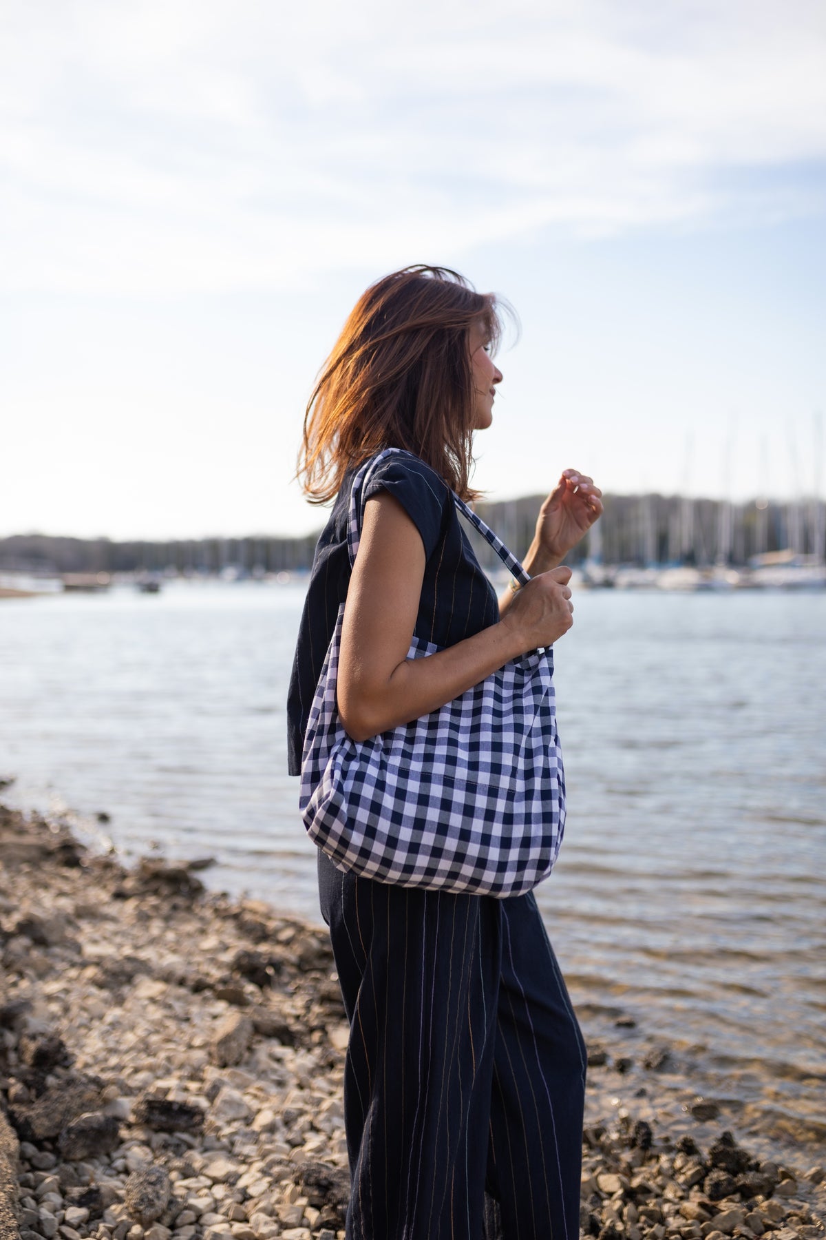 Navy Gingham Easy Tote