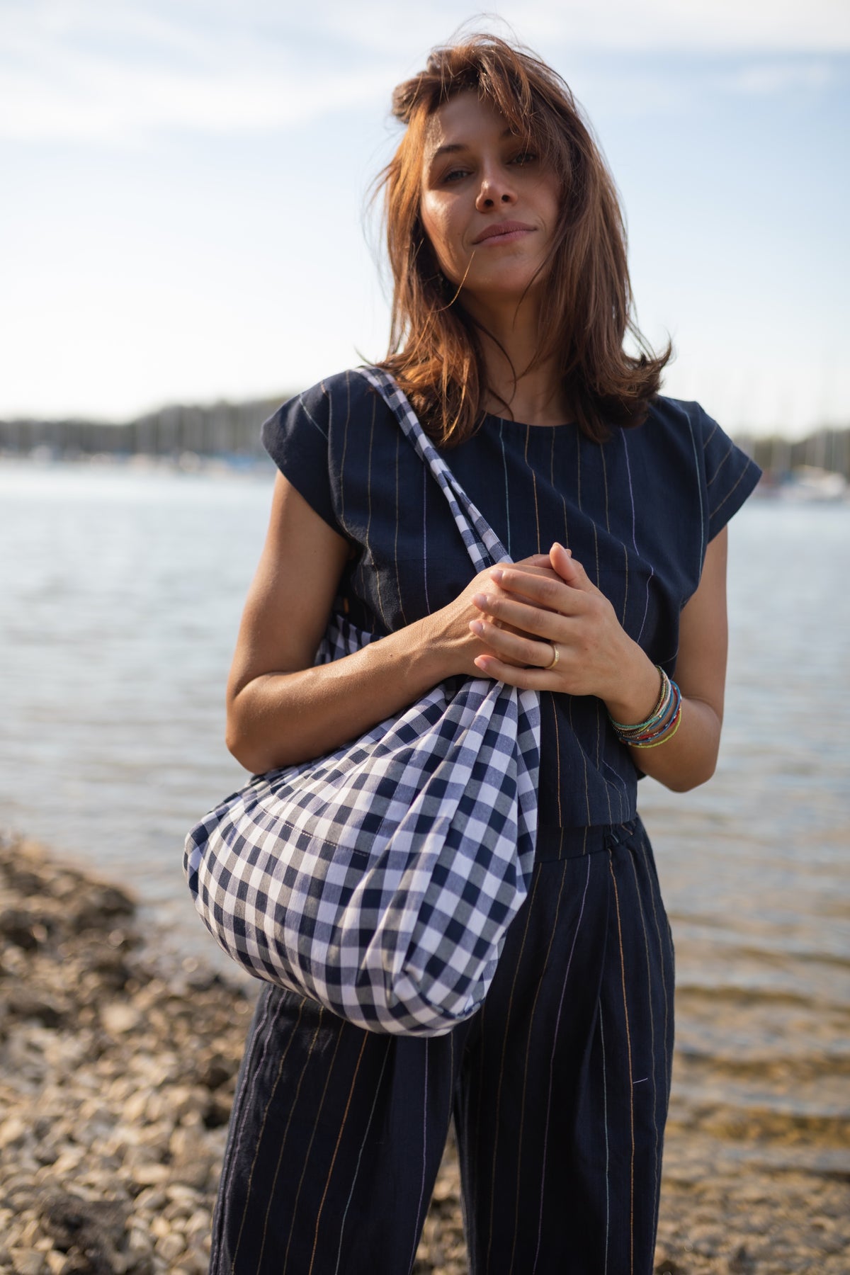 Navy Gingham Easy Tote