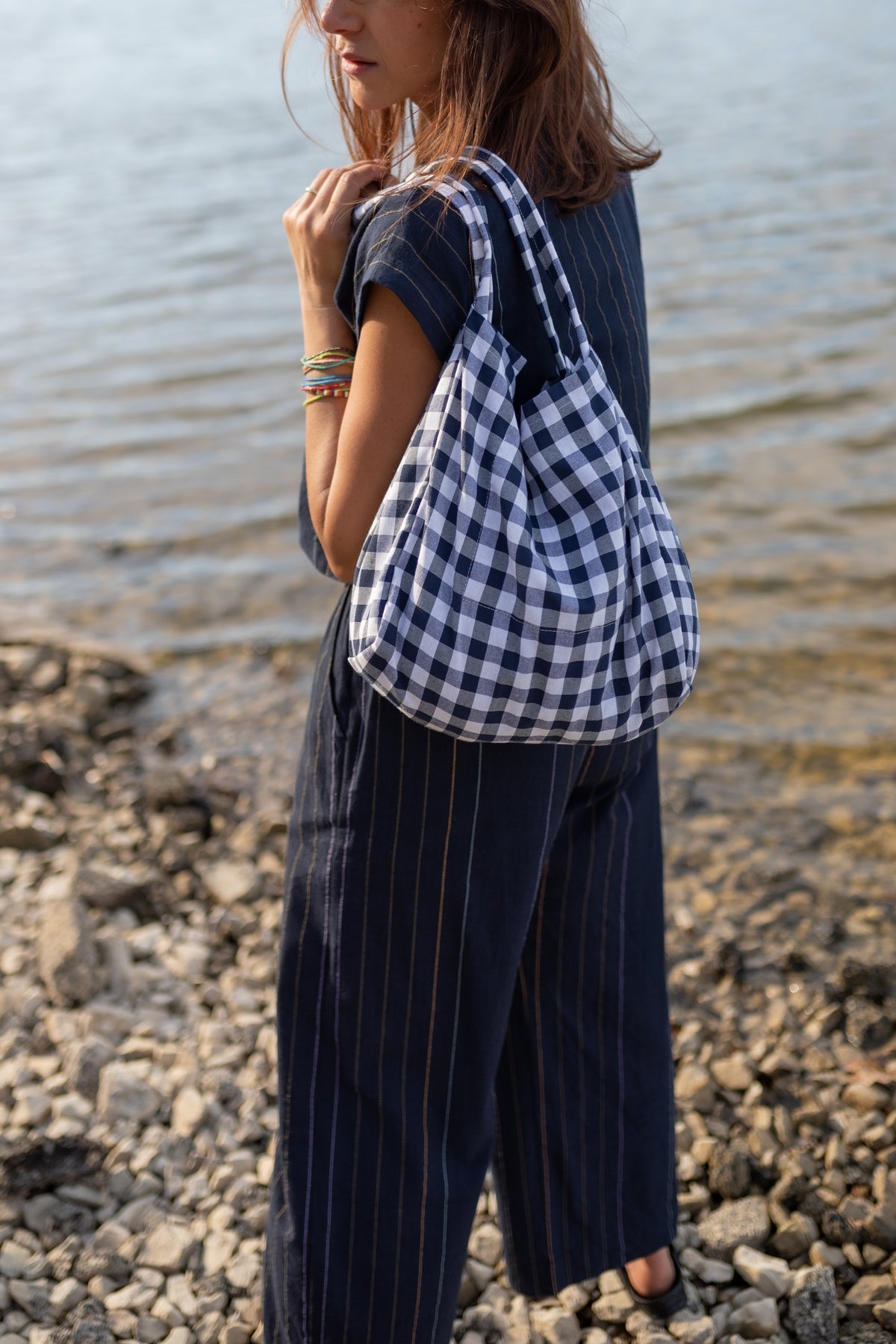Navy Gingham Easy Tote